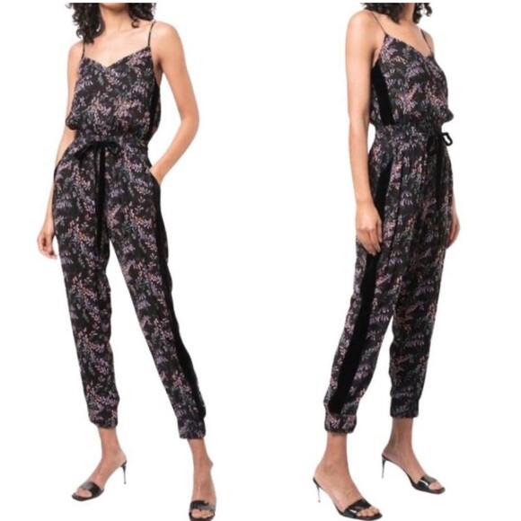 Cinq à Sept Amia silk jumpsuit with a black floral print and pockets size small